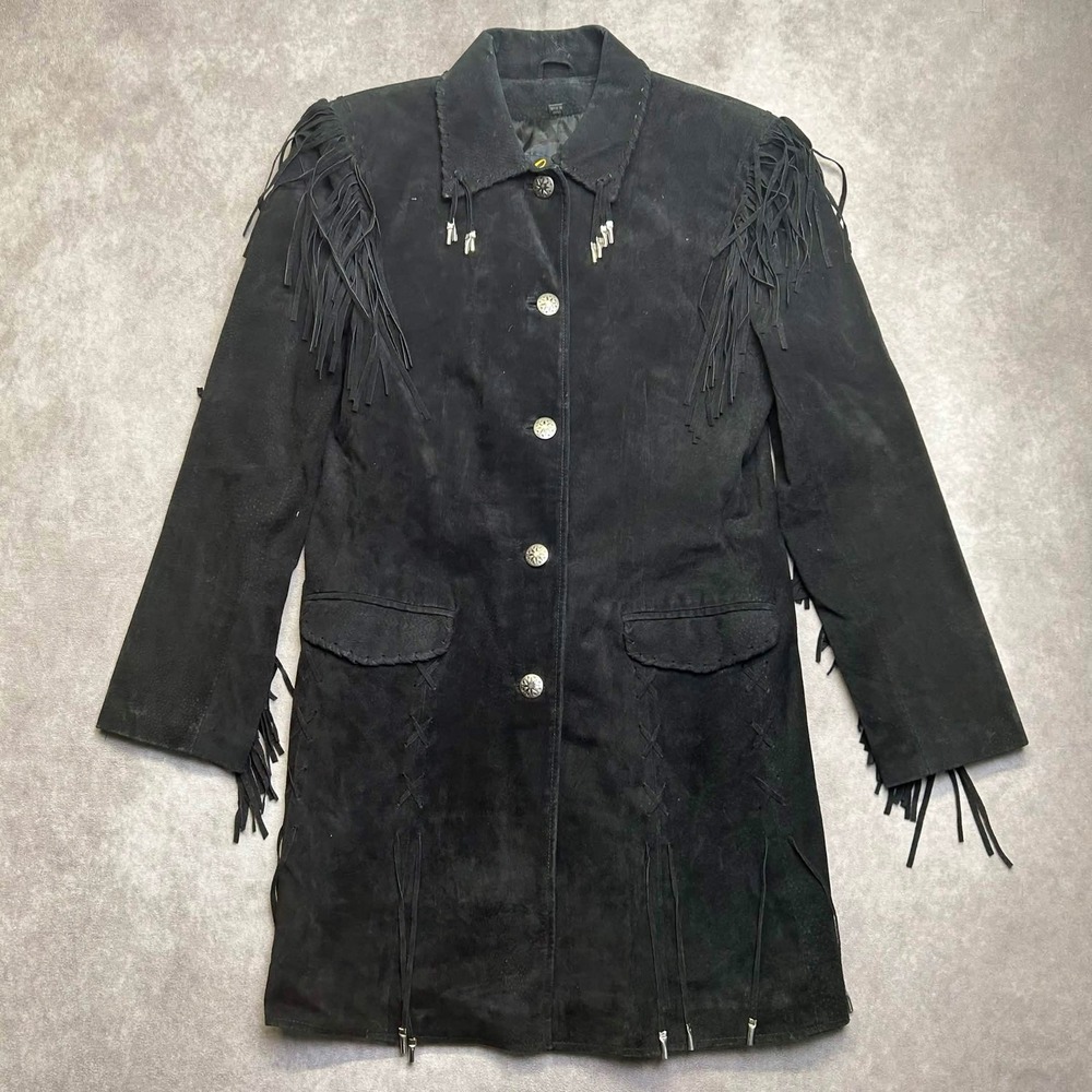 Scully Black Suede Leather Fringe Western Concho Jacket Coat Women 6